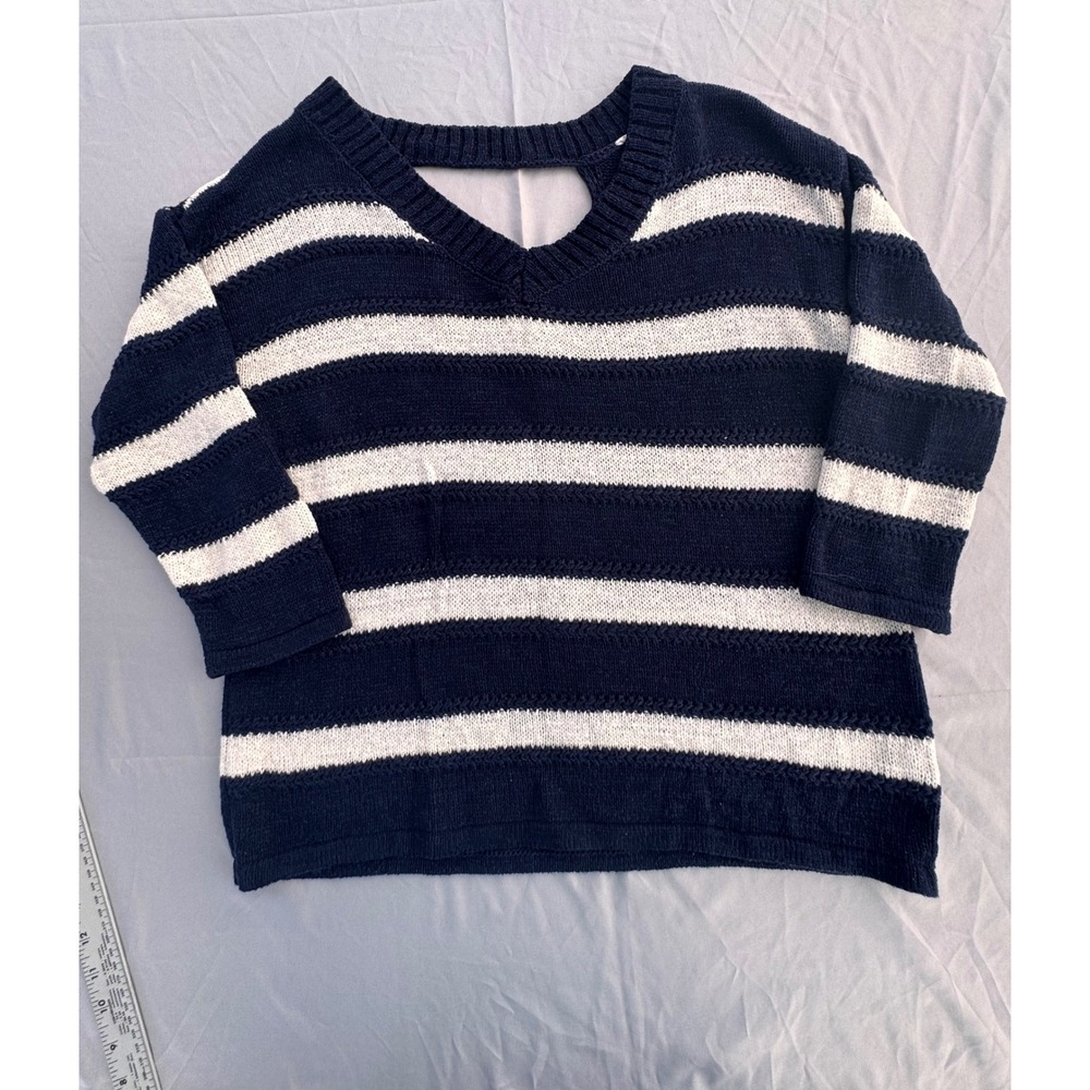 Maurices Navy Blue White Striped V-Neck Cutout Back Sweater Size L